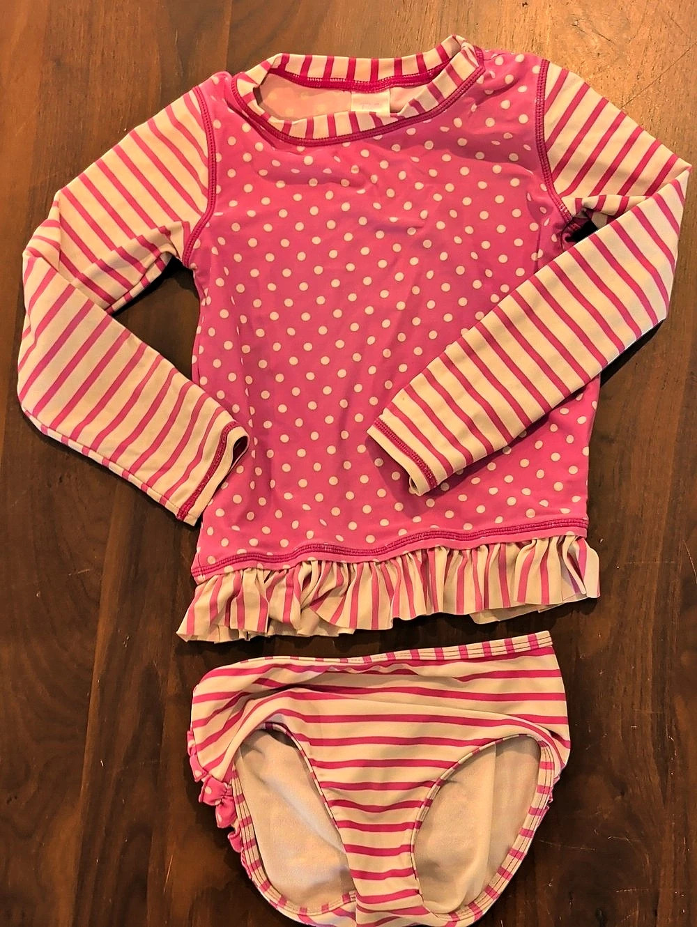 RuffleButts Pink Stripe and Polka Dot Long Sleeve Rash Guard Bikini Set & Polka